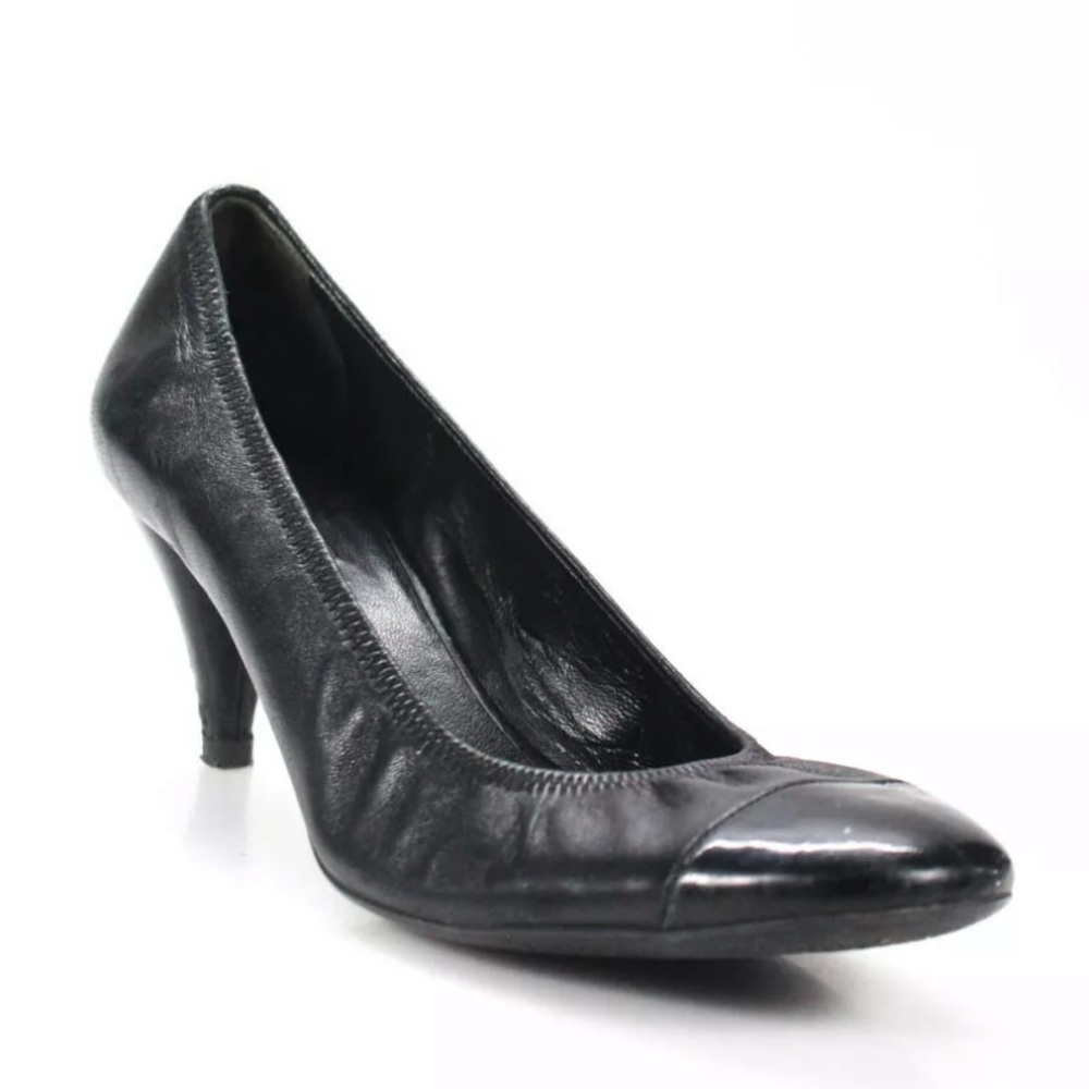 PRADA Black Leather Shoes Heels 36 6 Tapered Work